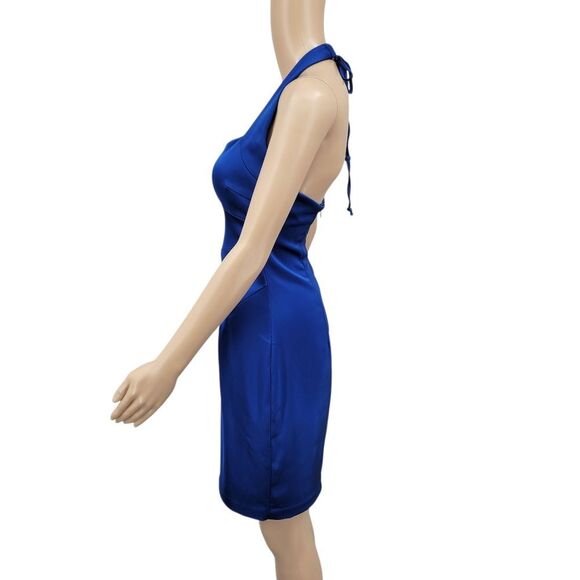 Cache Y2K Elegant Blue Satin Bodycon Halter Dress - Picture 2 of 14